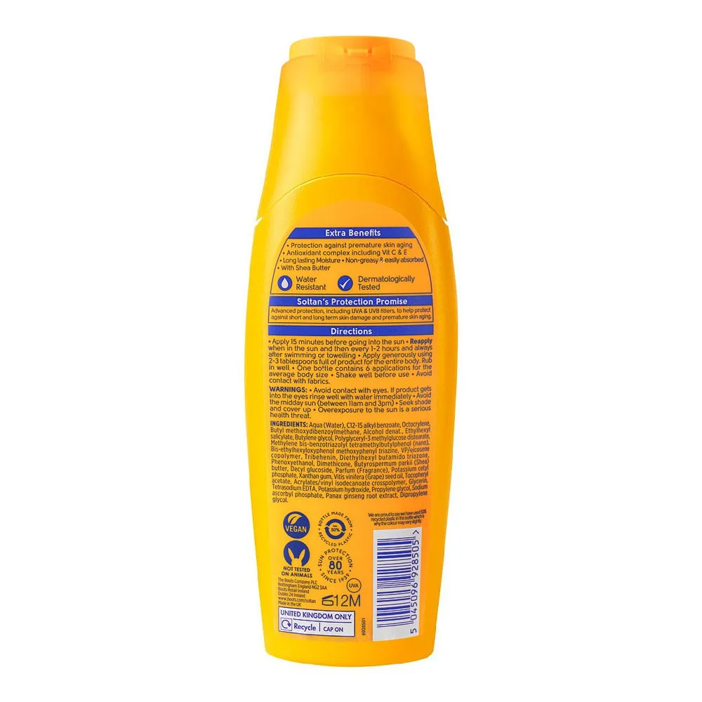 Side view of boots soltan protect & moisturise 50+ sun care lotion, 200ml