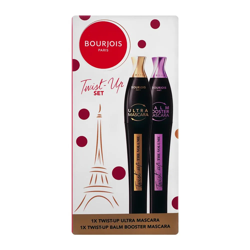 Close-up design of bourjois twist up twist-up mascara + twist-up balm booster, promo pack