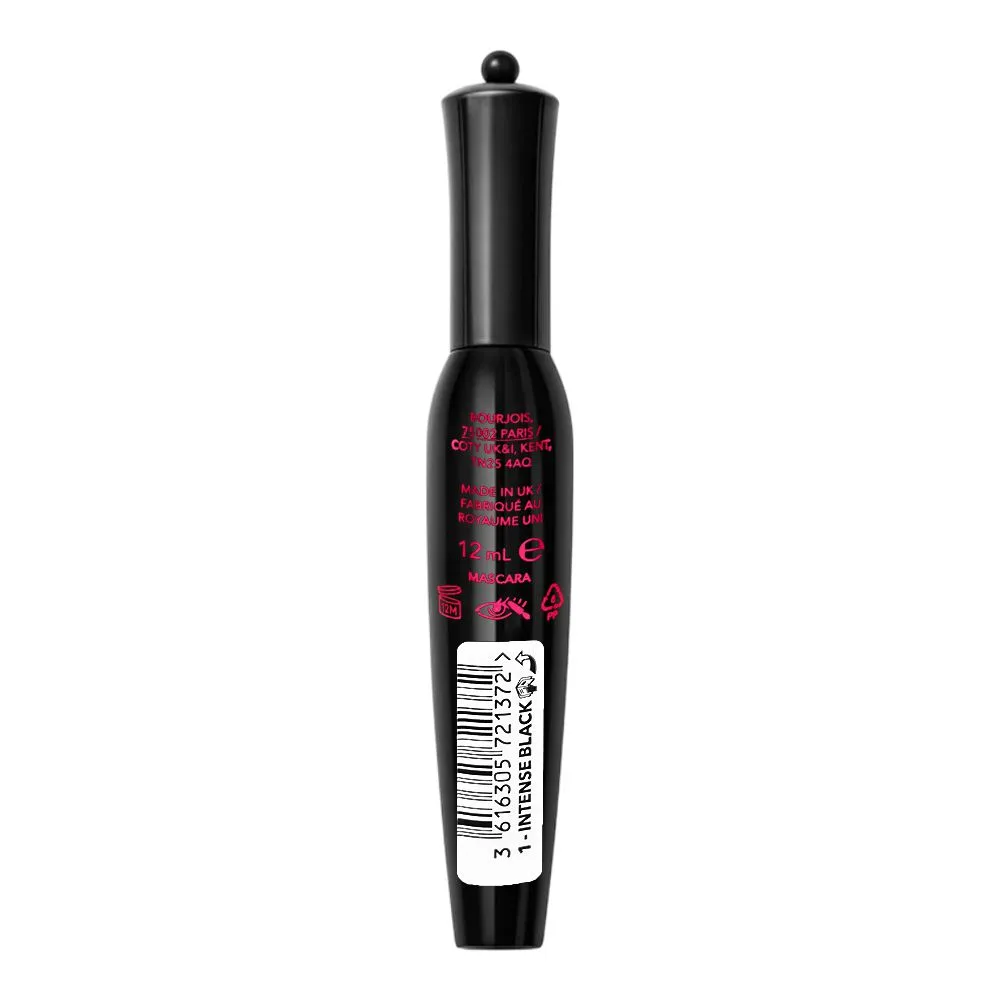 Side view of bourjois volume glamour max intensite mascara, 1 intense black, 12ml