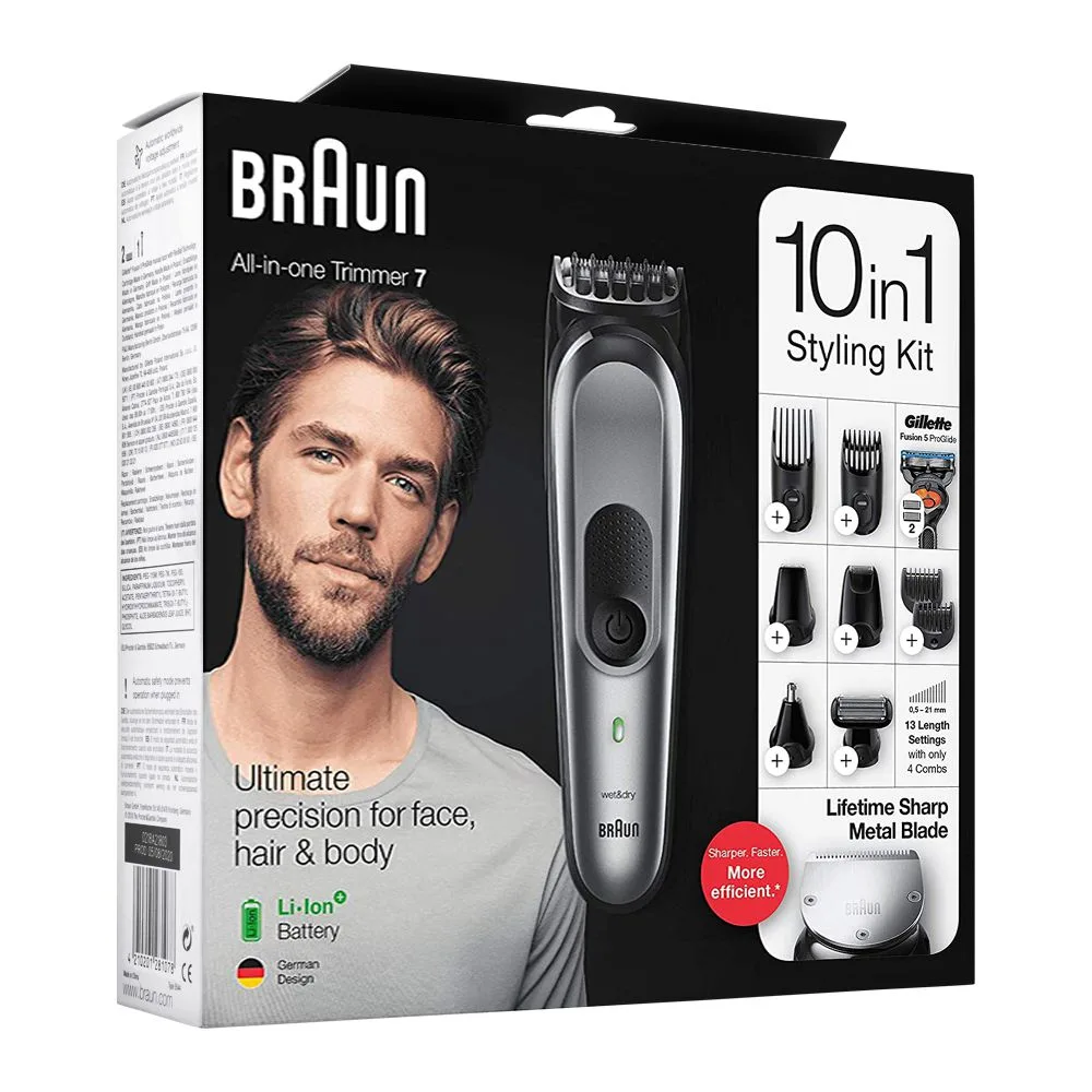 Side view of braun all-in-one trimmer 7 10-in-1 styling kit, mgk-7220
