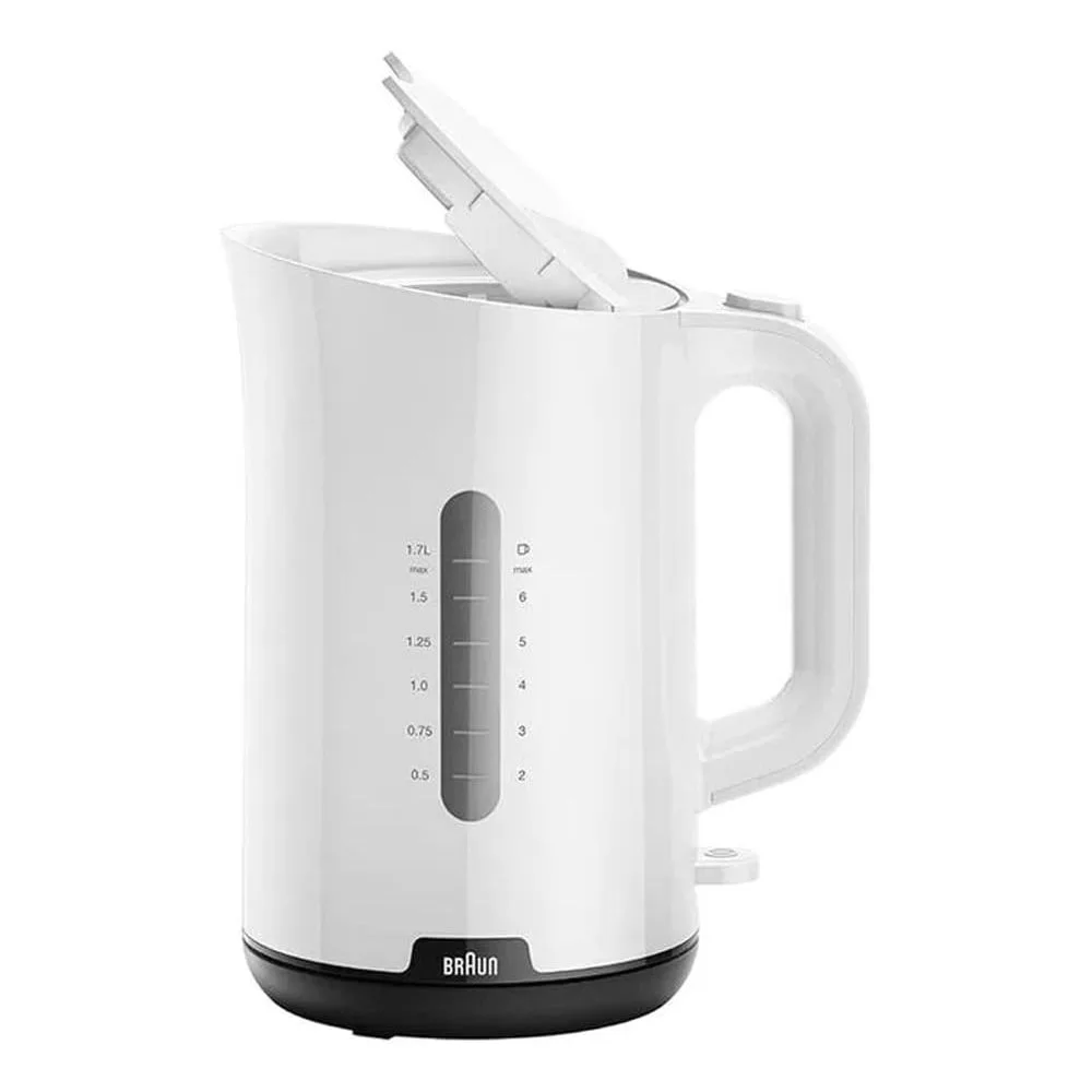 Side view of braun breakfast1 kettle, 360 rotating base, limescale filter, 1.7l, bpa-free, 2200w, wk-1100wh