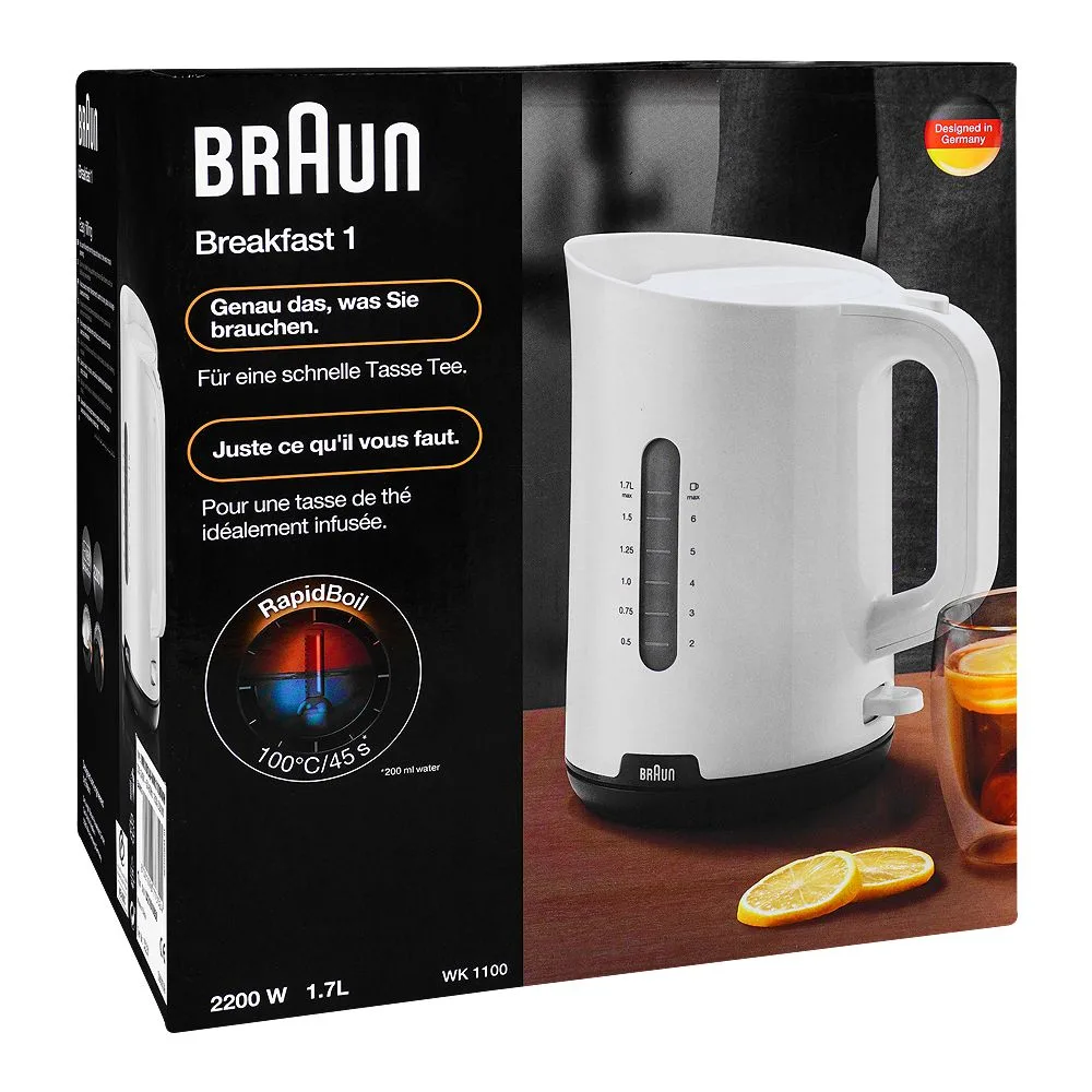 Comfortable casual braun breakfast1 kettle, 360 rotating base, limescale filter, 1.7l, bpa-free, 2200w, wk-1100wh