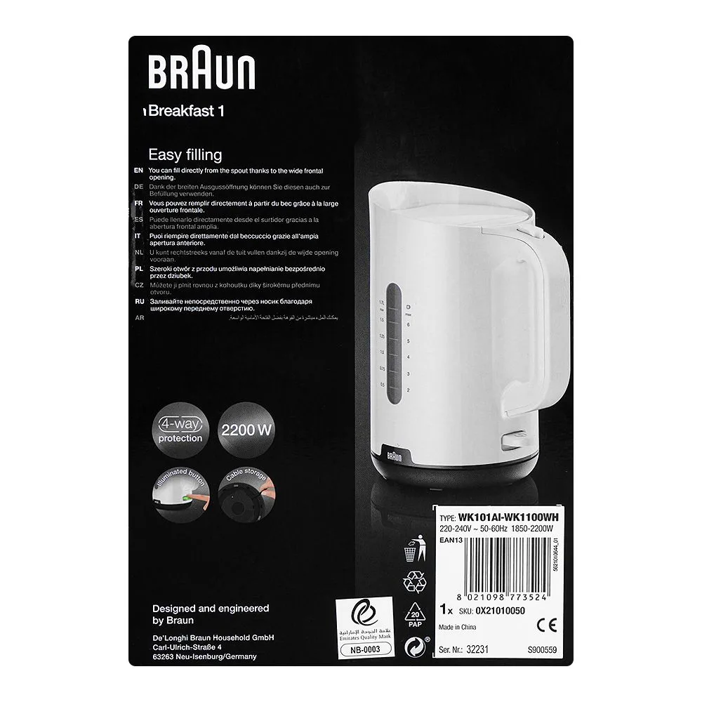 Close-up design of braun breakfast1 kettle, 360 rotating base, limescale filter, 1.7l, bpa-free, 2200w, wk-1100wh
