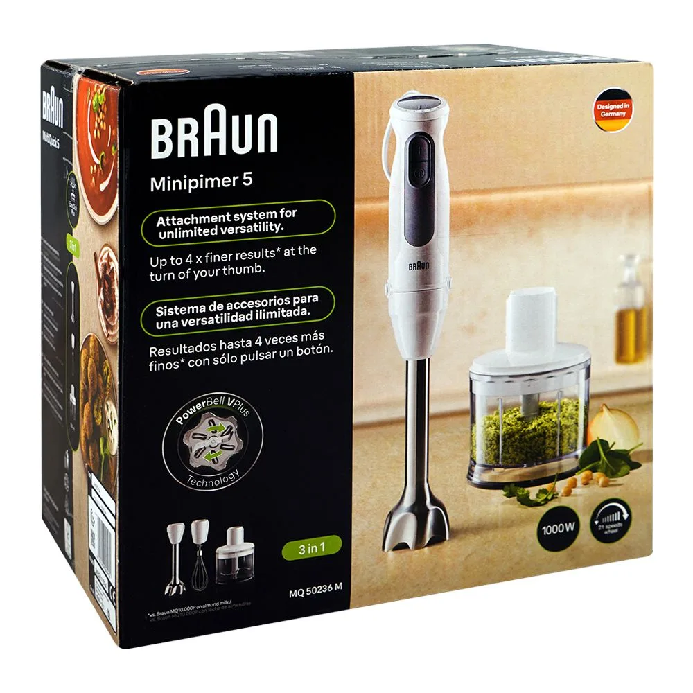 Side view of braun multi quick 5 3-in-1 hand blender set, 1000w, 500ml, bpa free, mq-50236m