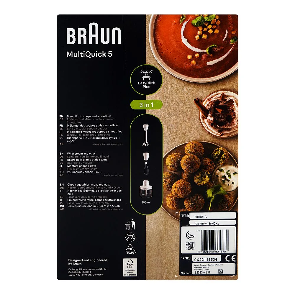 Comfortable casual braun multi quick 5 3-in-1 hand blender set, 1000w, 500ml, bpa free, mq-50236m