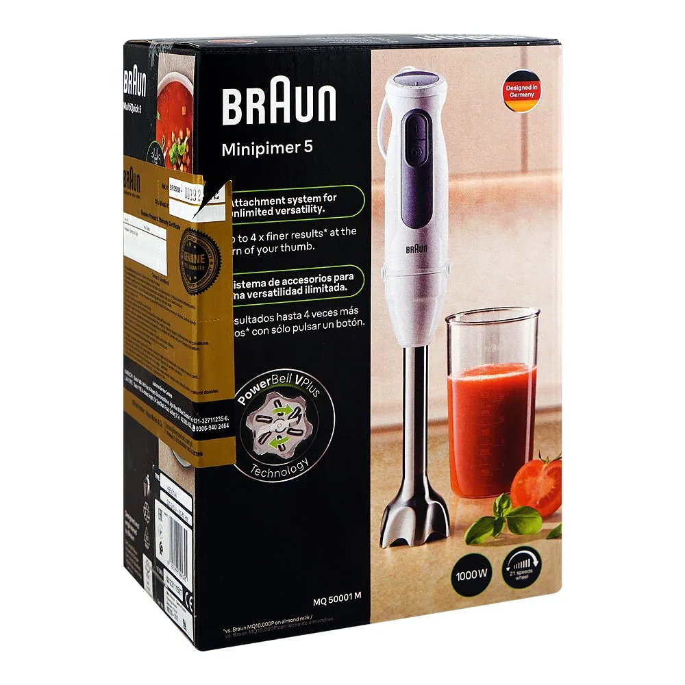 Side view of braun multi quick 5 hand blender, 1000w, bpa free, mq-50001m