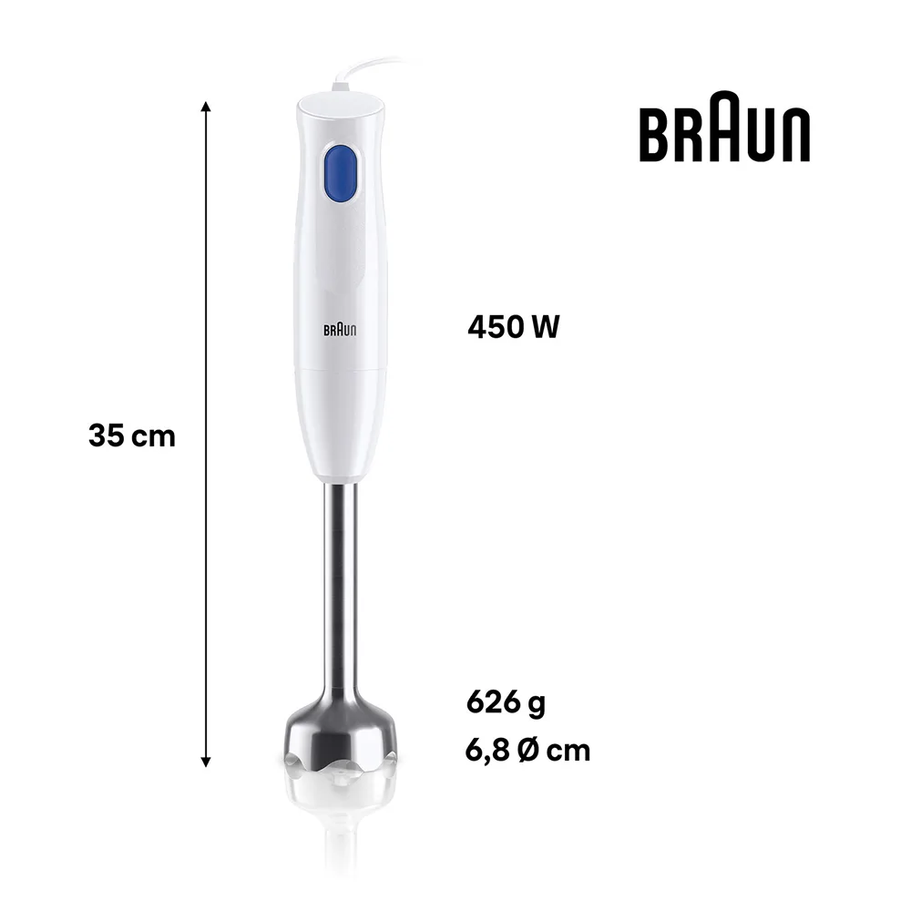 Close-up design of braun multiquick-1 hand blender metal, 450w, mq10.001m