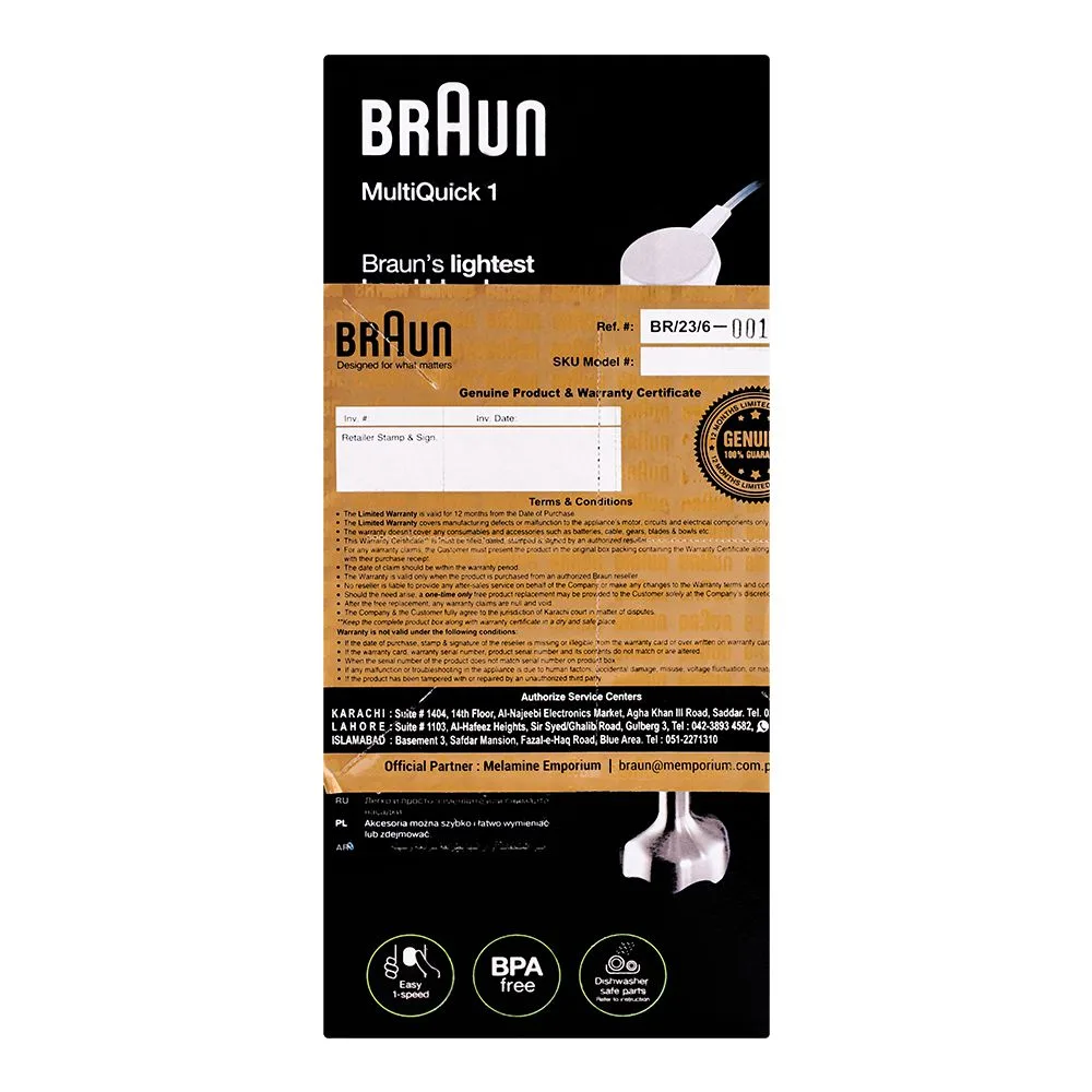Front angle of braun multiquick-1 hand blender metal, 450w, mq10.001m