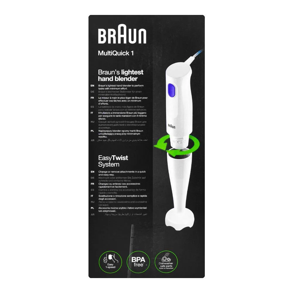 Close-up design of braun multiquick-1-hand blender, mq-10.001p