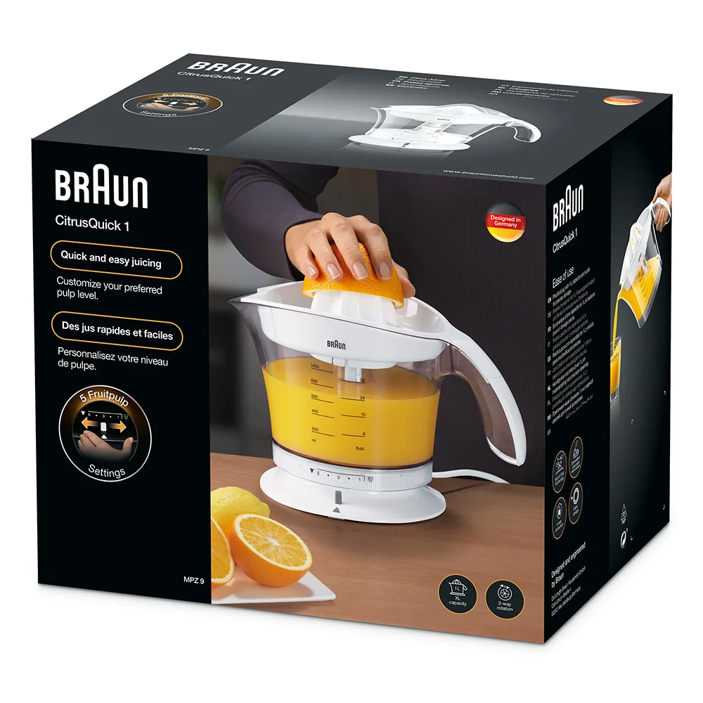 Side view of braun multiquick 3 citrus juicer, mpz 9