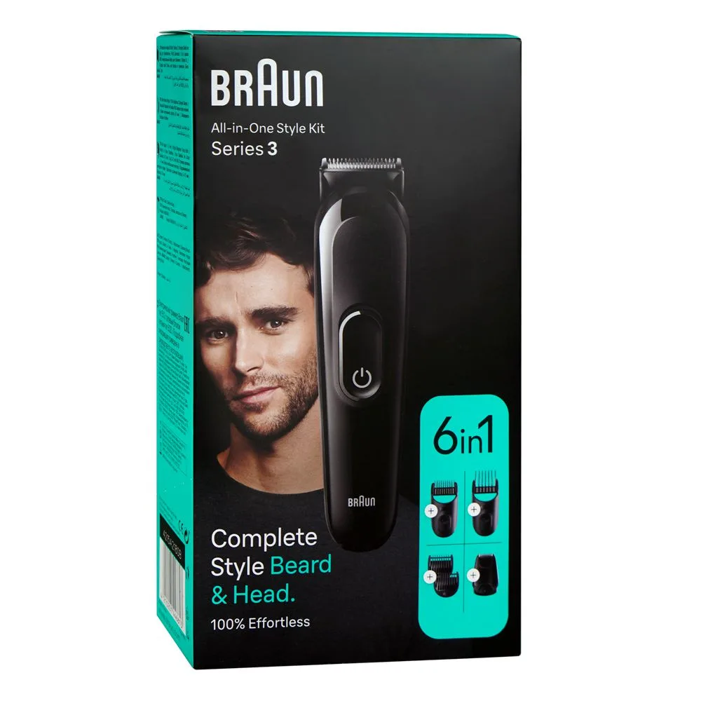 Side view of braun series 3 all-in-one style kit, 6in1 beard trimmer, black, mgk-3410