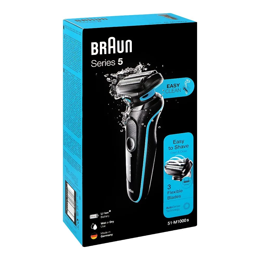 Side view of braun series 5 wet & dry men shaver, black & blue, 51-m1000s