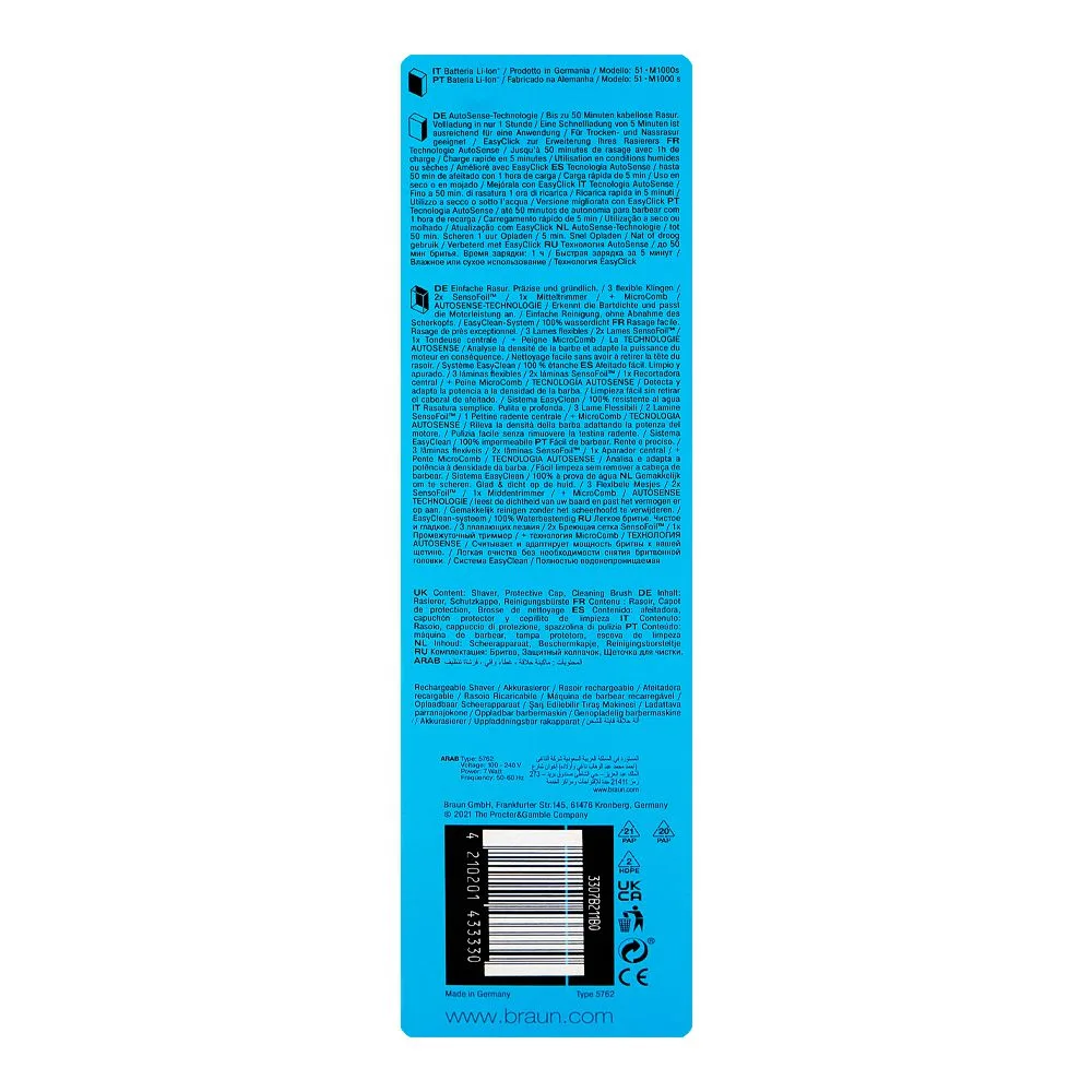 Close-up design of braun series 5 wet & dry men shaver, black & blue, 51-m1000s