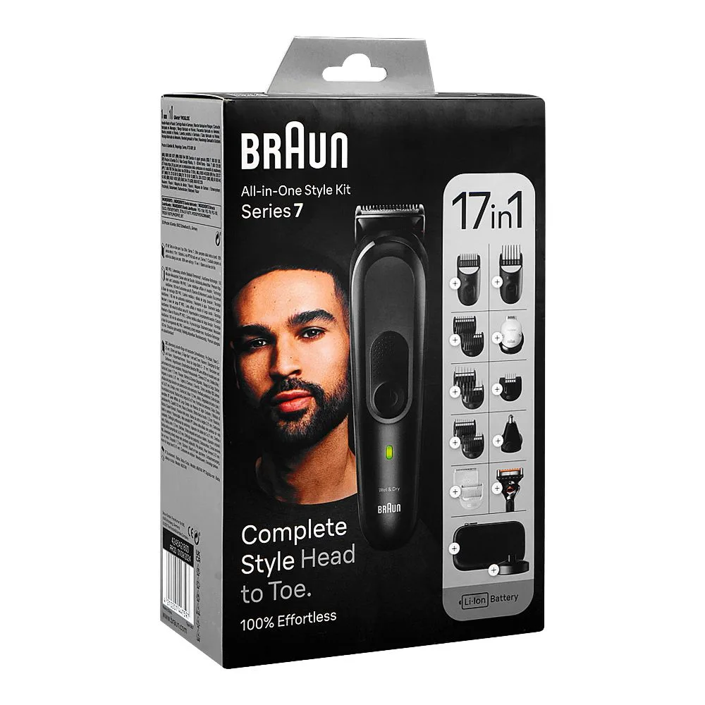 Side view of braun series 7 all-in-one 17-in-1 style kit, 100 minutes run time, black, mgk-7491