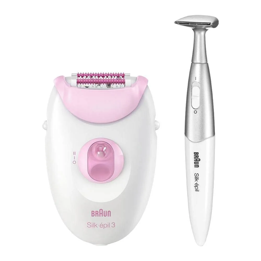Braun Silk-epil 3 Epilator & Bikni Hair Trimmer For Legs & Body, White & Pink