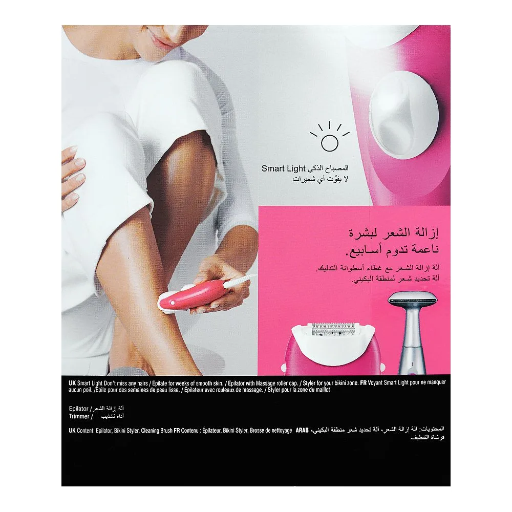 Close-up design of braun silk-epil 3 epilator & bikni hair trimmer for legs & body, white & pink