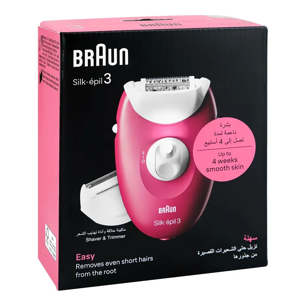 Side view of braun silk-epil 3 legs & body epilator 3032, white/pink
