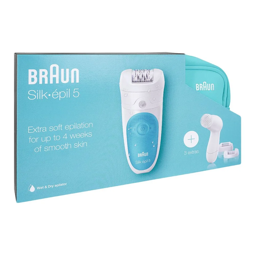 Side view of braun silk-epil 5 legs, body & face epilator, white/blue