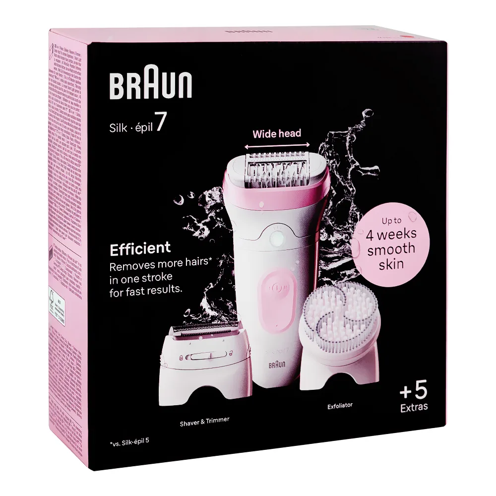 Side view of braun silk-epil 7 epilator, shaver & trimmer white/pink, up to 40 mins run time, se-7060