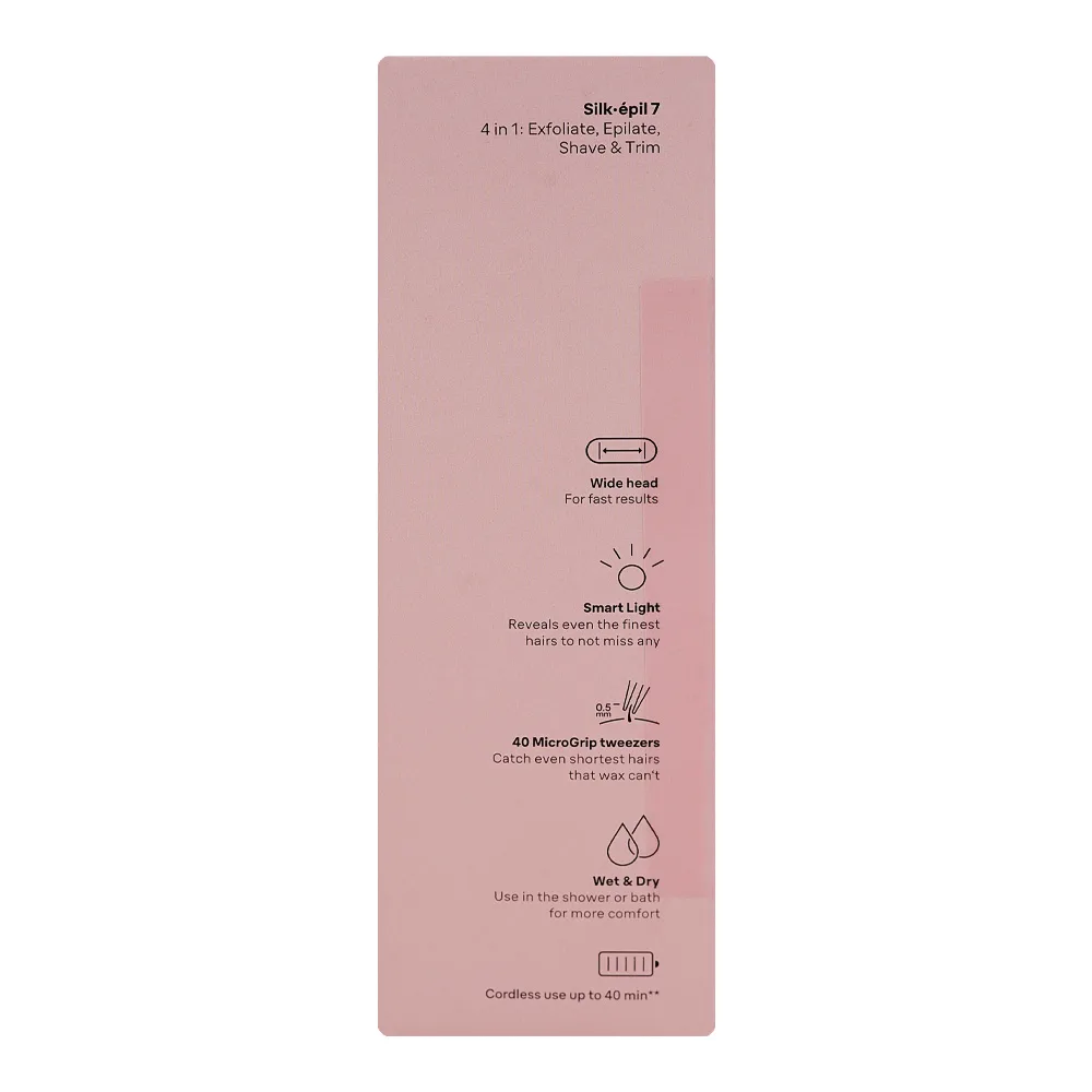 Close-up design of braun silk-epil 7 epilator, shaver & trimmer white/pink, up to 40 mins run time, se-7060