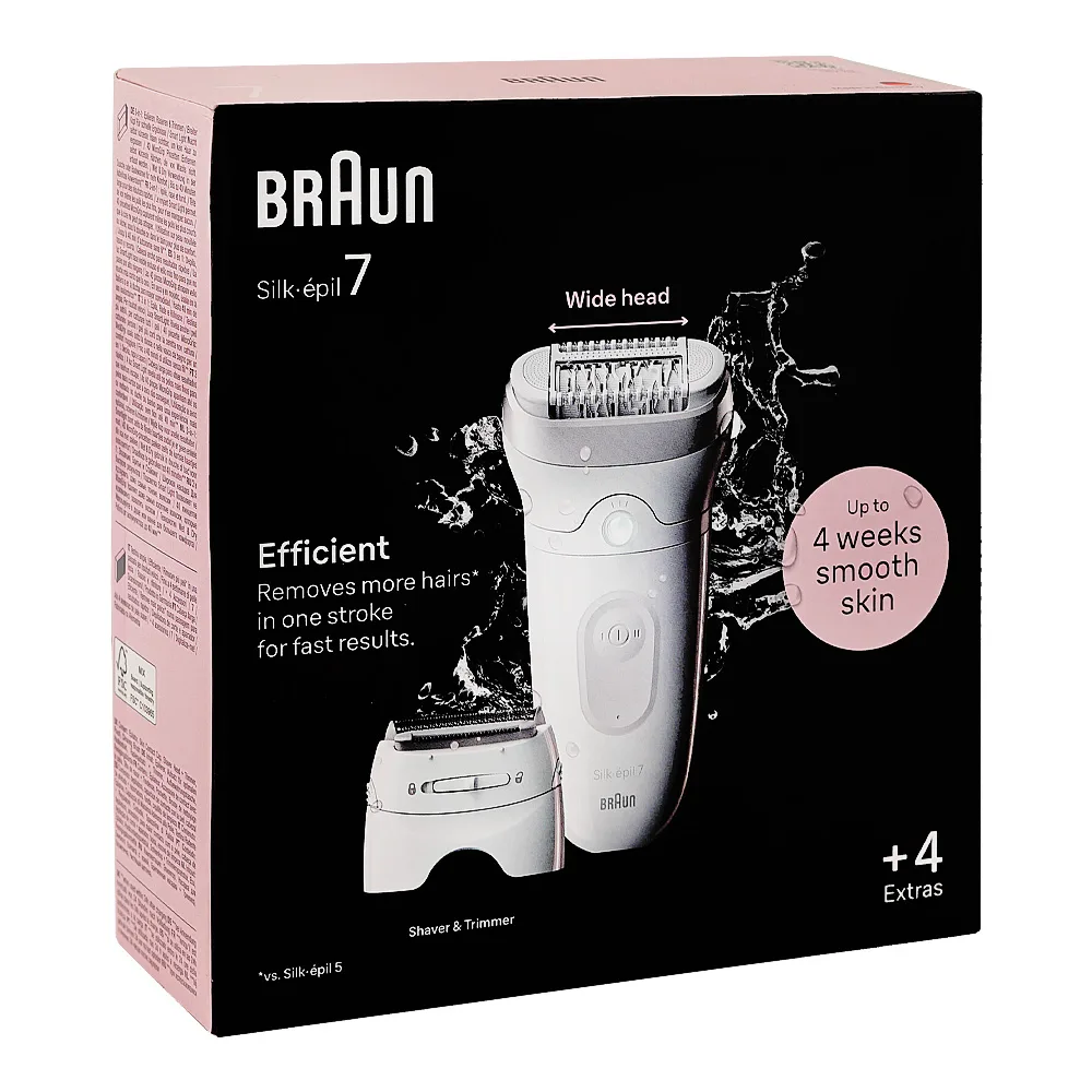 Side view of braun silk-epil 7 shaver & trimmer white/grey, up to 40 mins run time, se-7041
