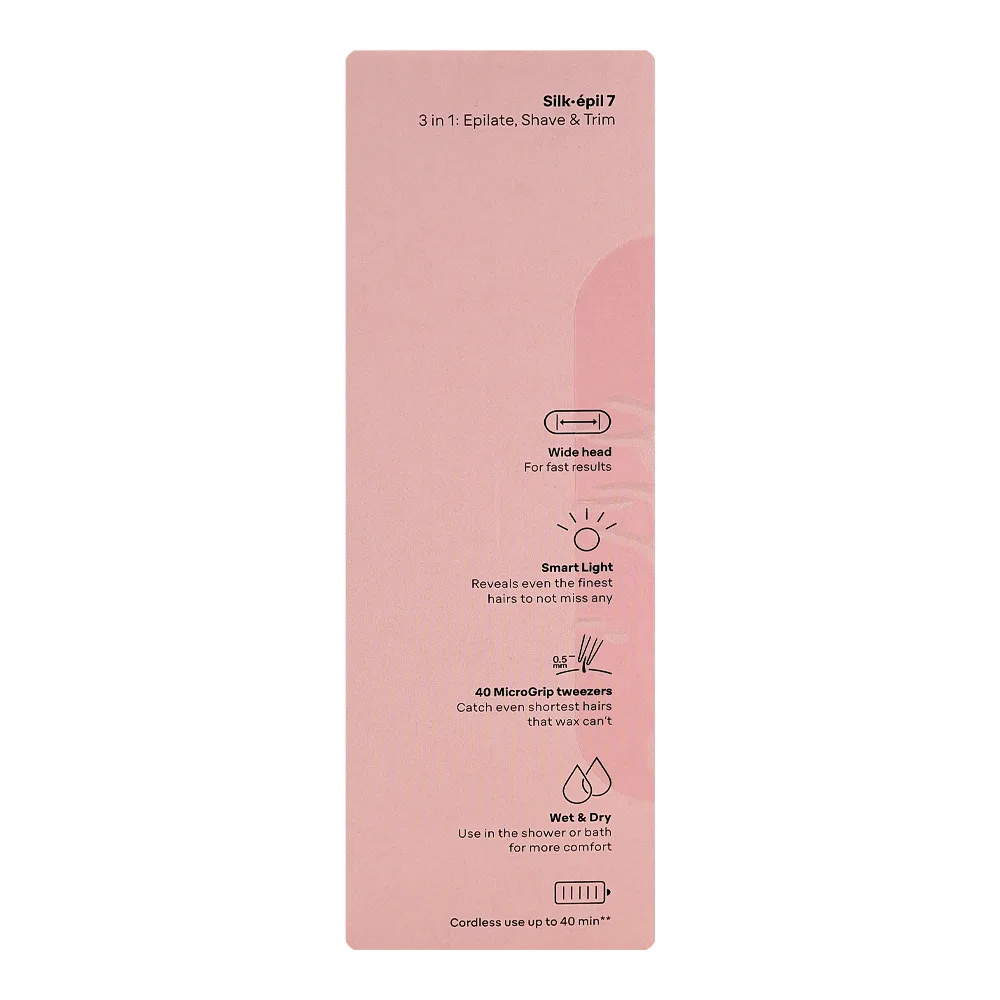 Close-up design of braun silk-epil 7 shaver & trimmer white/grey, up to 40 mins run time, se-7041