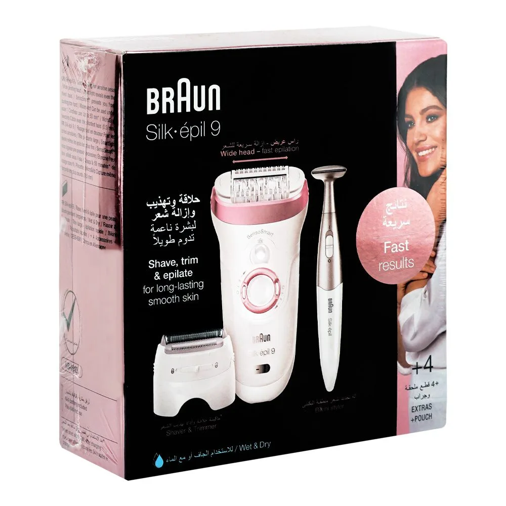 Side view of braun silk-epil 9 wet & dry shaver & trimmer, 9890 white/pink