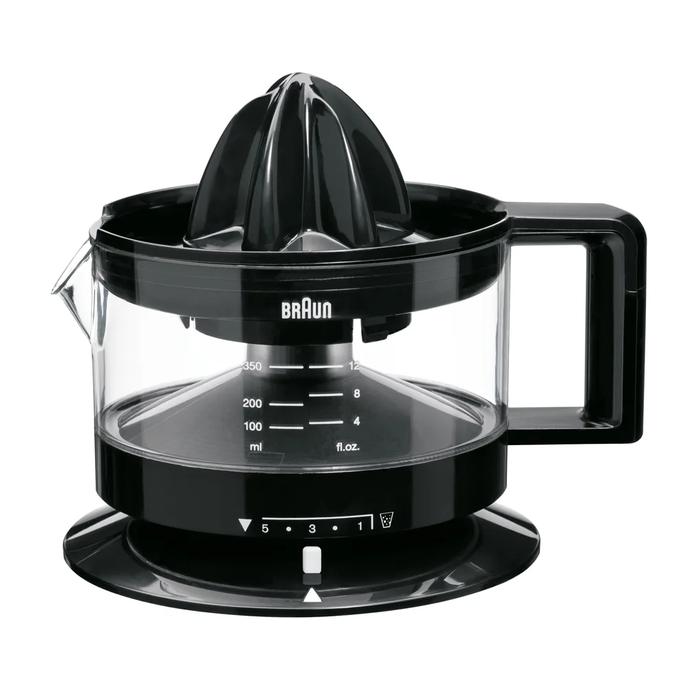 Side view of braun tribute collection citrus juicer, black, cj-3000bk