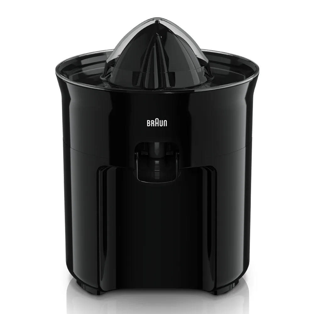 Side view of braun tribute collection citrus juicer with free glass set, black, cj-3050