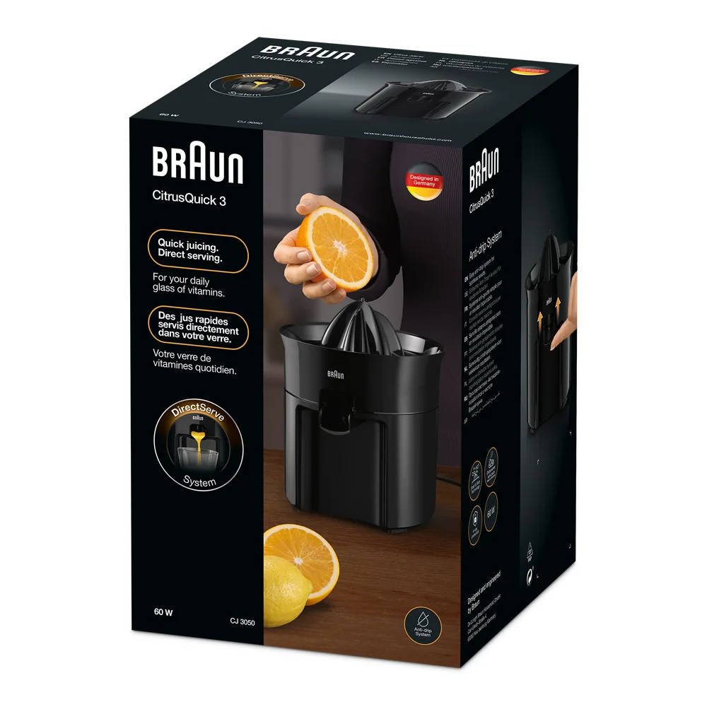 Front angle of braun tribute collection citrus juicer with free glass set, black, cj-3050