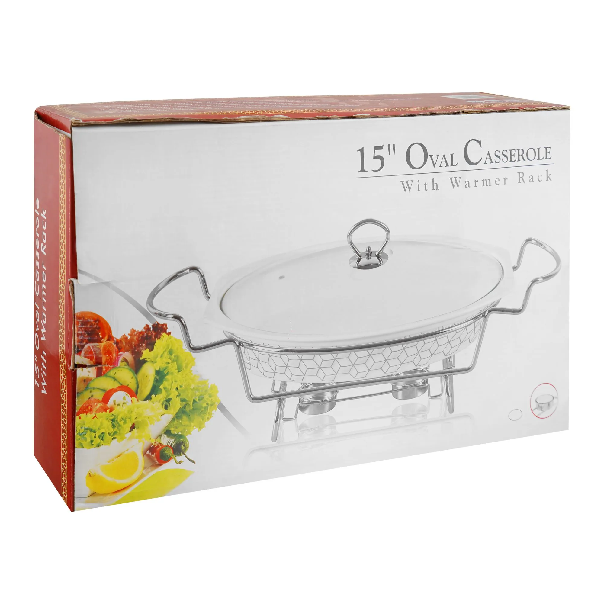 Side view of brilliant oval casserole with warmer rack, 15-inches, br0149