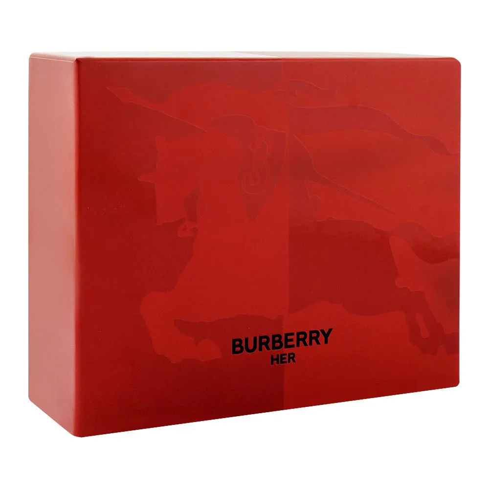 Side view of burberry her for women, eau de parfum 100ml + eau de parfum 10ml + body lotion 75ml