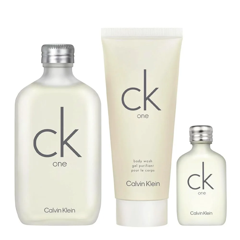 Close-up design of calvin klein ck one gift set, for men & women, edt 100ml + body wash 100ml + edt 15ml