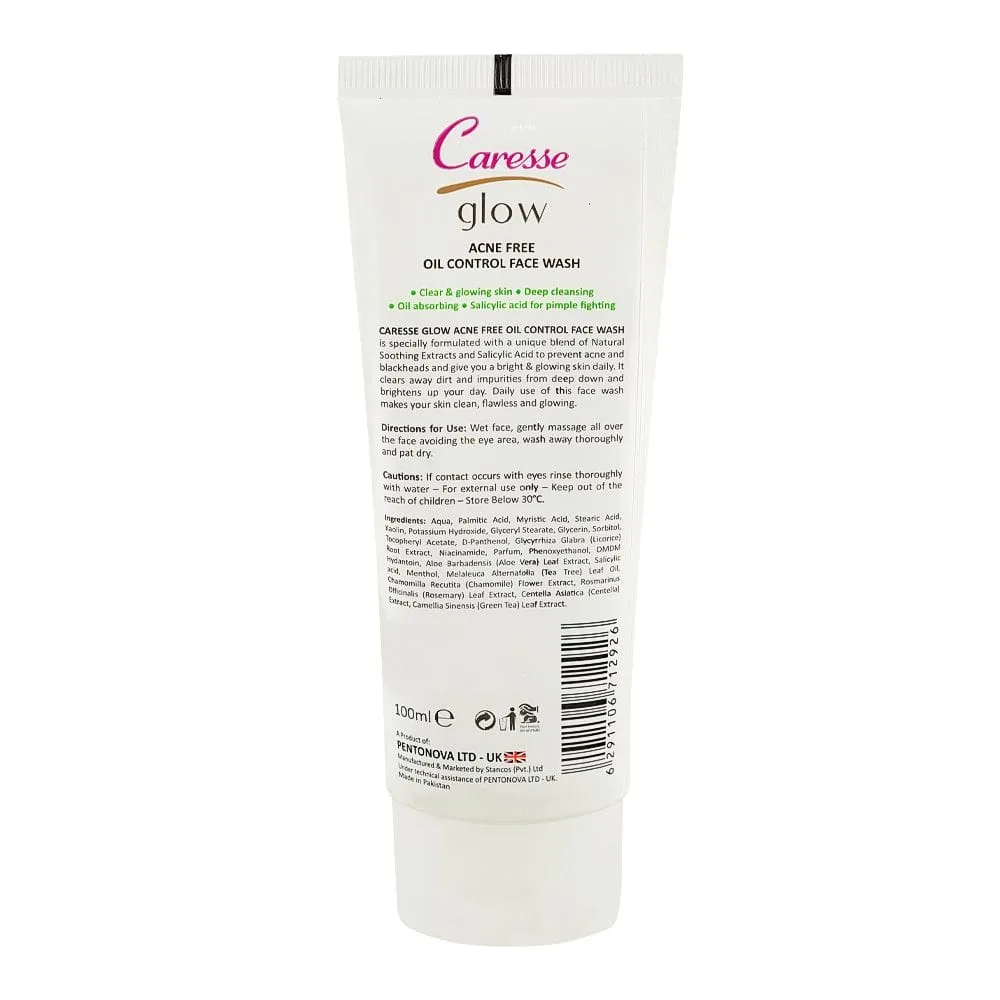 Side view of caresse glow acne free oil control face wash, for oily & acne prone skin, 100ml