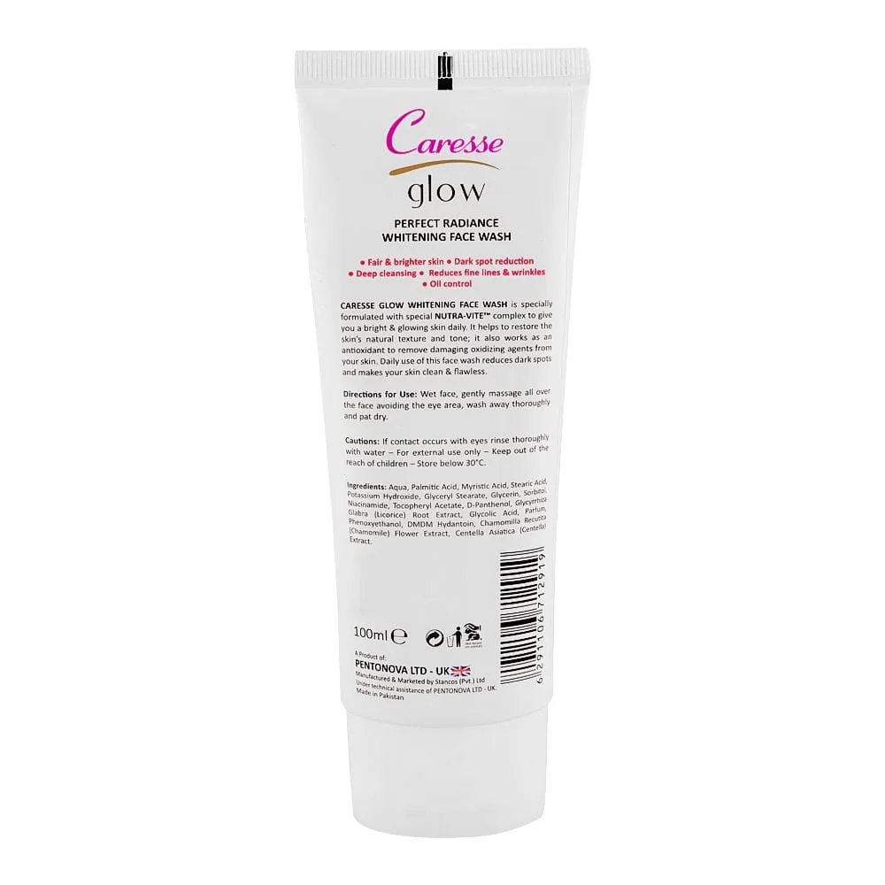 Side view of caresse glow perfect radiance whitening face wash, for all skin types, 100ml