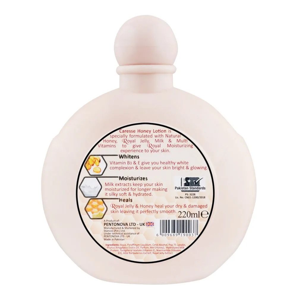 Side view of caresse royal jelly & milk extract honey lotion, 220ml