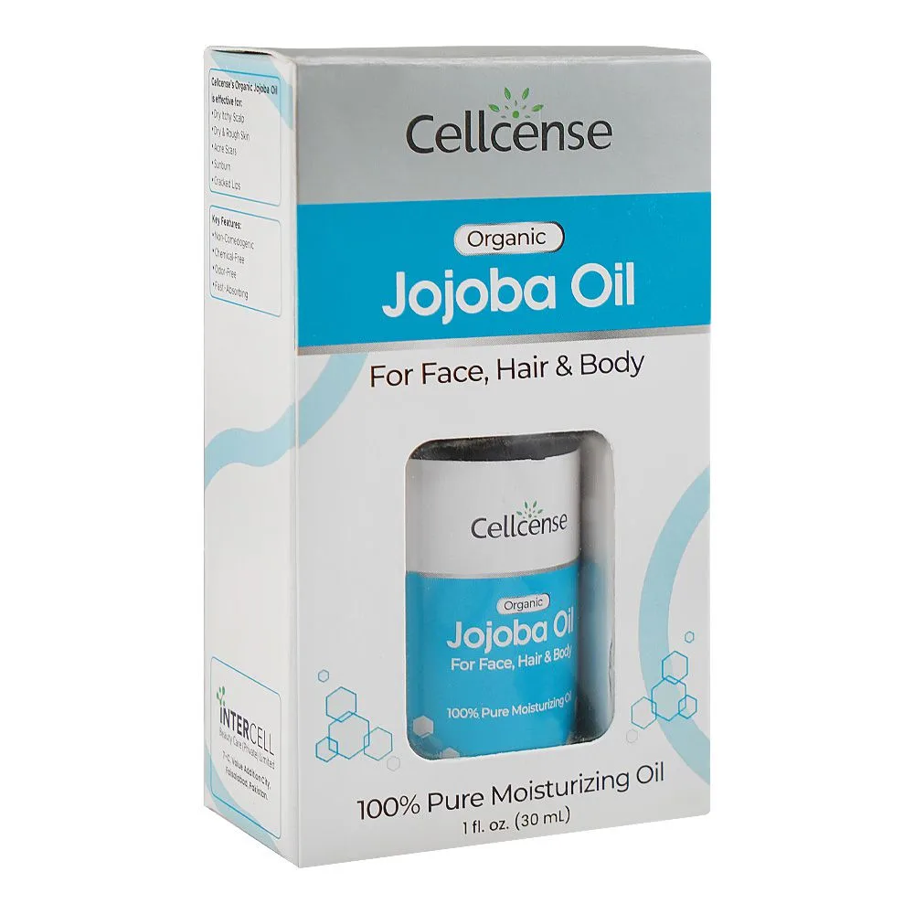 Side view of cellcense organic jojoba oil, for dry & rough skin, 30ml
