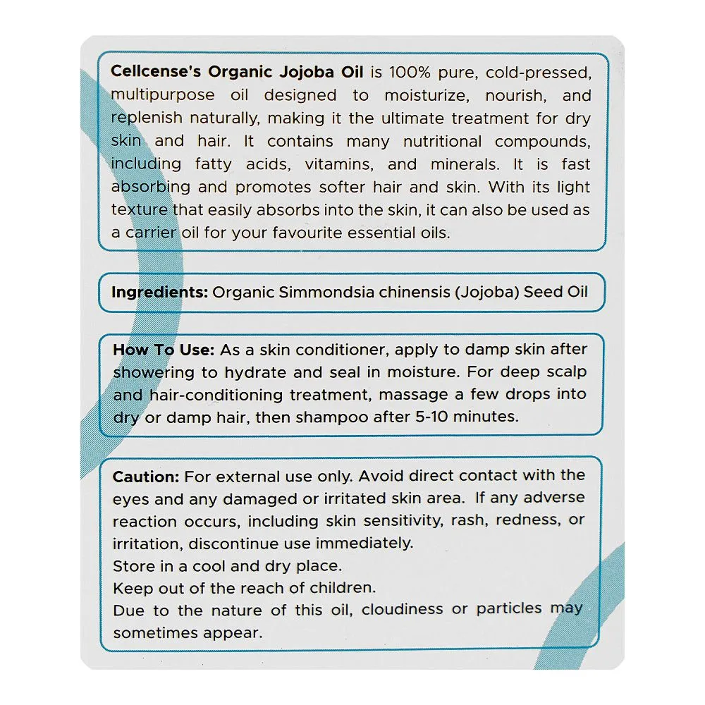 Close-up design of cellcense organic jojoba oil, for dry & rough skin, 30ml
