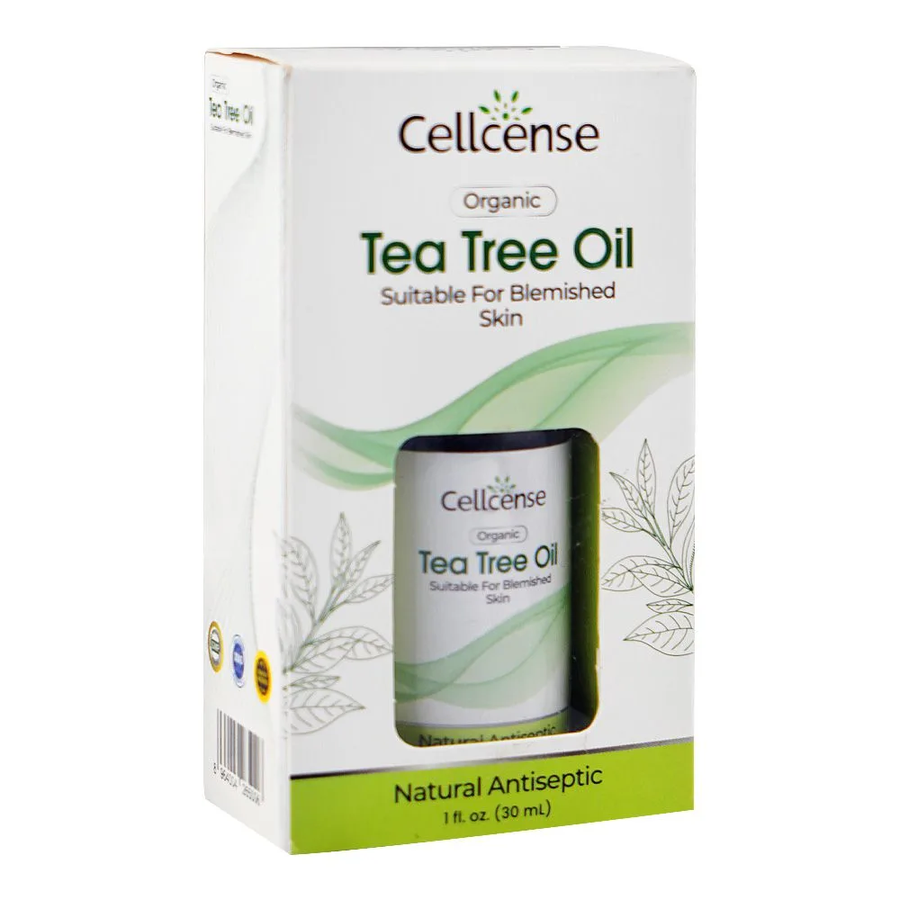 Side view of cellcense organic tea tree oil, for acne-prone skin, 30ml