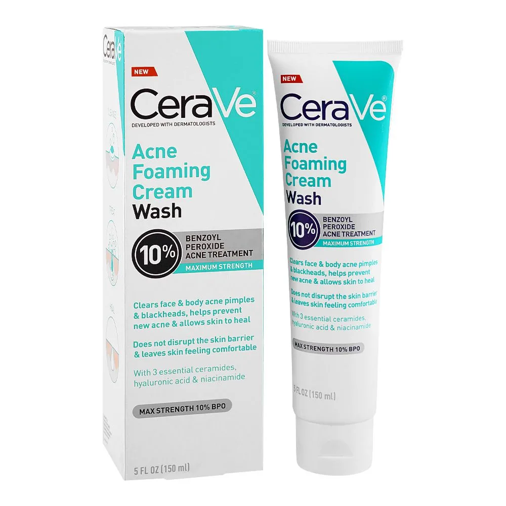 CeraVe 10% Benzoyl Peroxide Acne Foaming Cream Face & Body Wash, 150ml