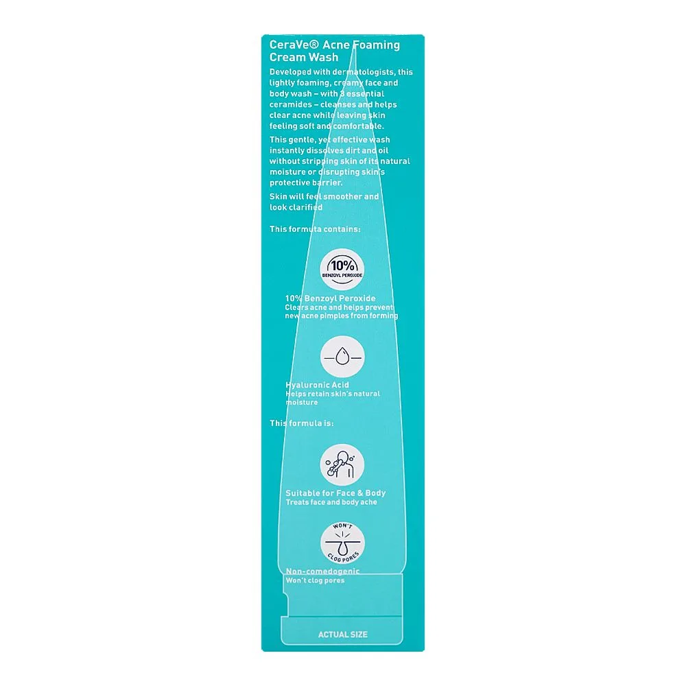 Side view of cerave 10% benzoyl peroxide acne foaming cream face & body wash, 150ml