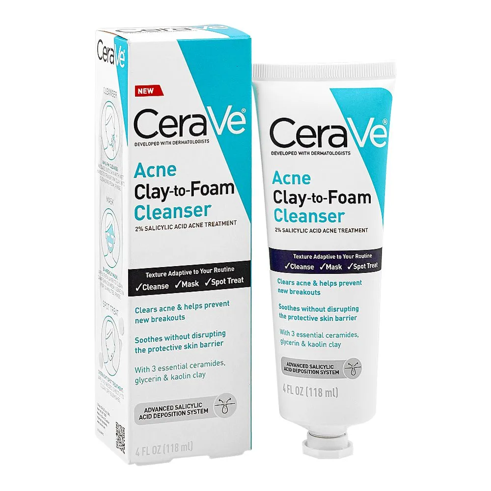 CeraVe Acne Clay-to-Foam Cleanser, Salicylic Acid, Glycerin, For Acne-Prone Skin, 118ml