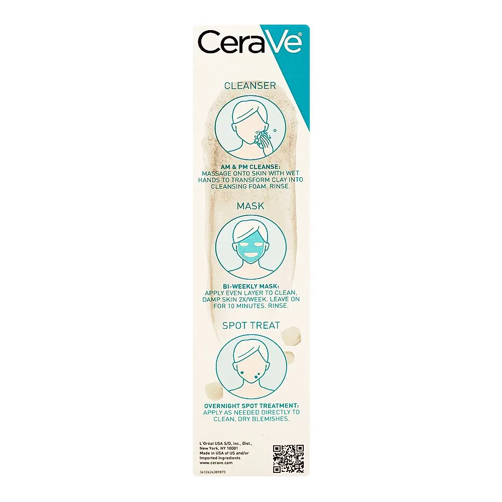 Side view of cerave acne clay-to-foam cleanser, salicylic acid, glycerin, for acne-prone skin, 118ml
