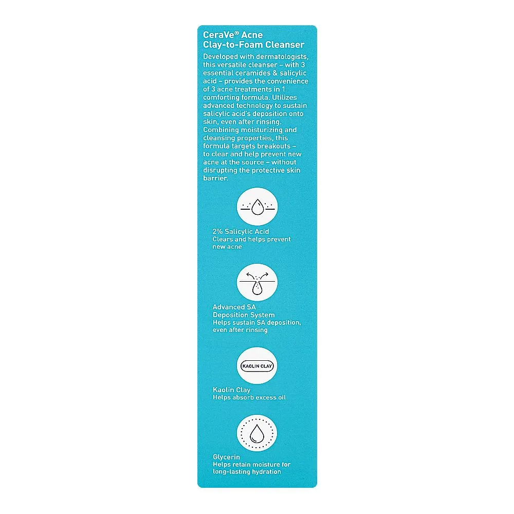 Comfortable casual cerave acne clay-to-foam cleanser, salicylic acid, glycerin, for acne-prone skin, 118ml