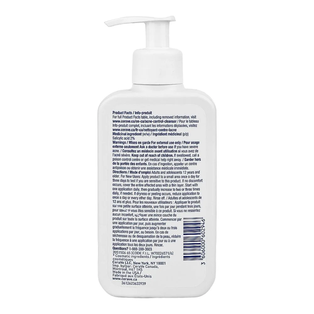 Side view of cerave acne control cleanser with 2% salicylic acid, 237ml