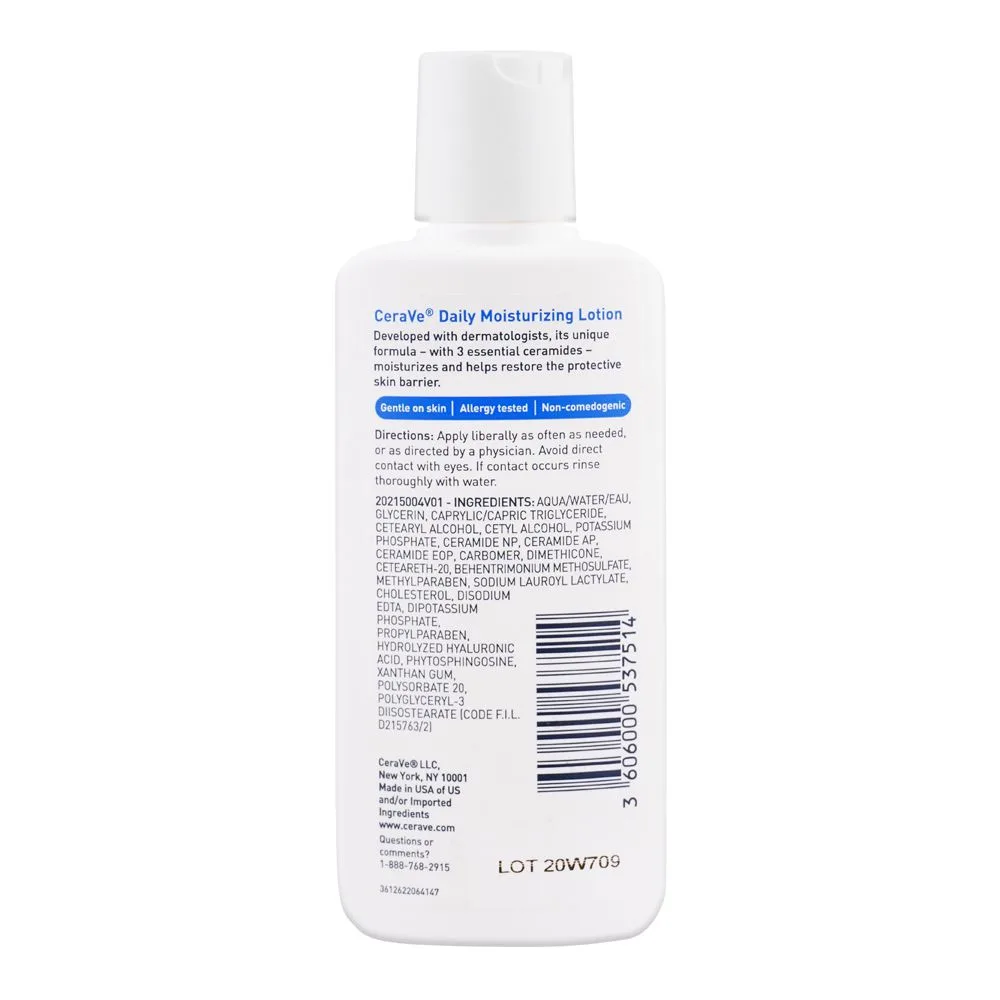 Side view of cerave daily moisturizing lotion, lightweight, for normal to dry skin, 87ml