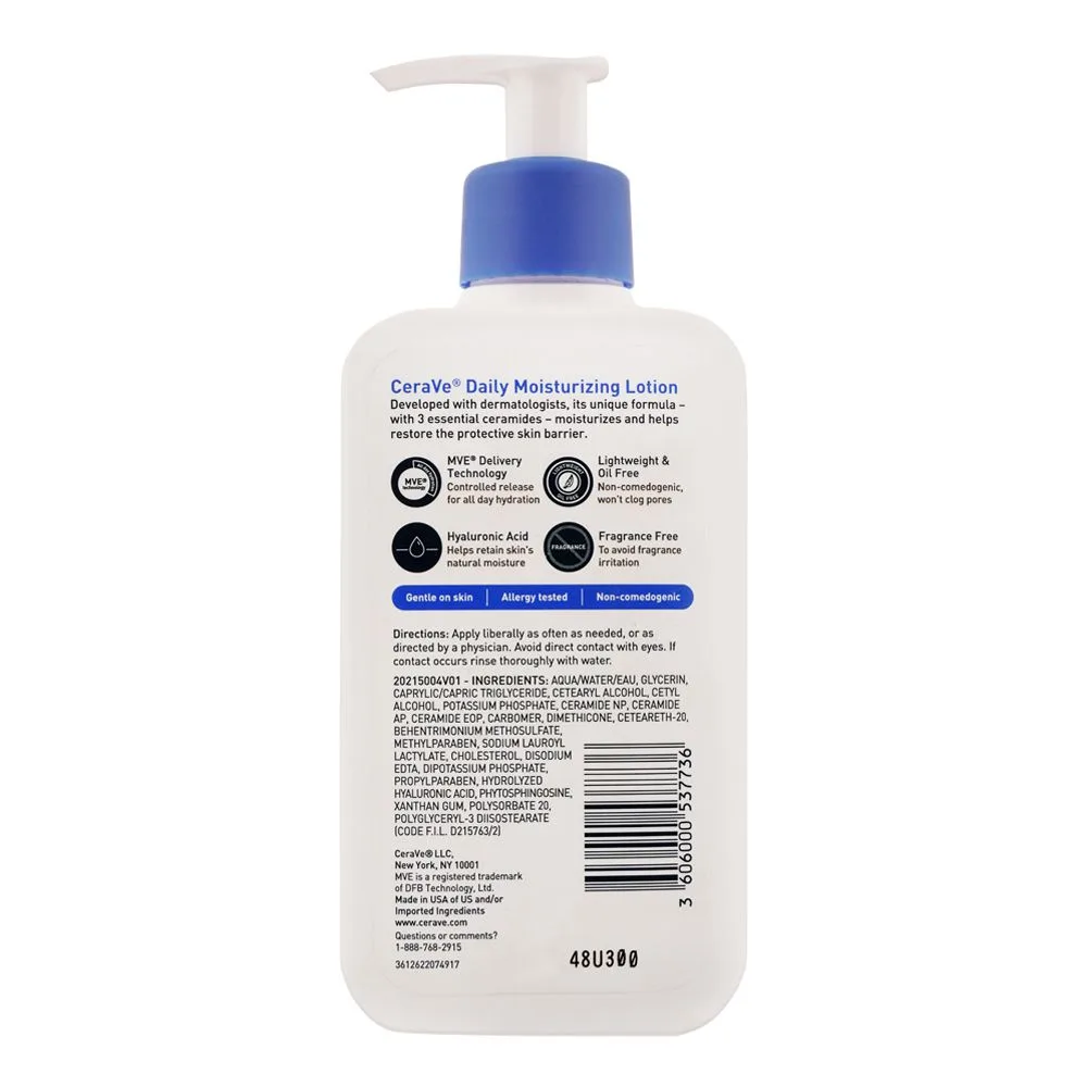 Side view of cerave daily moisturizing lotion normal to dry skin, 237ml