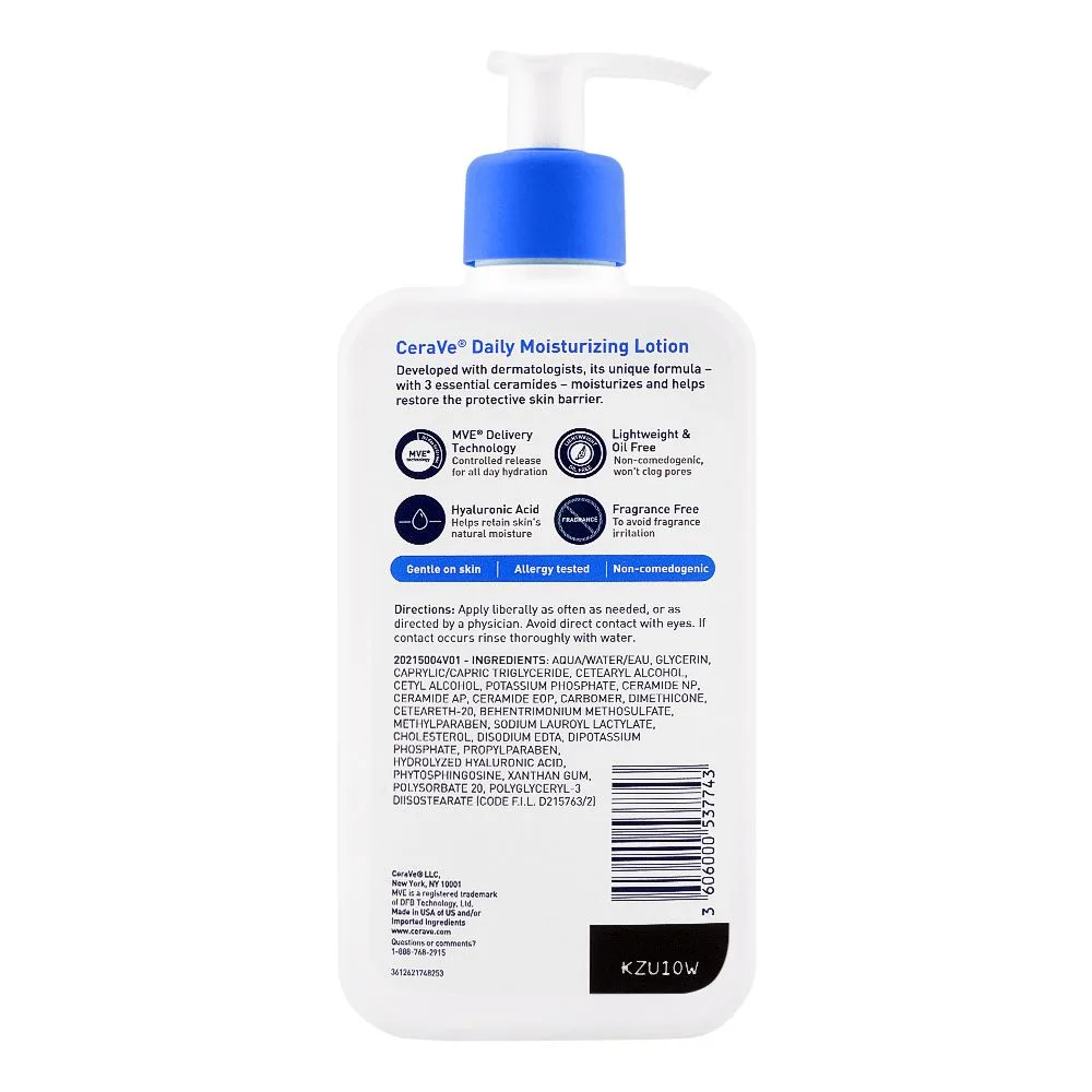 Side view of cerave daily moisturizing lotion, normal to dry skin, 355ml