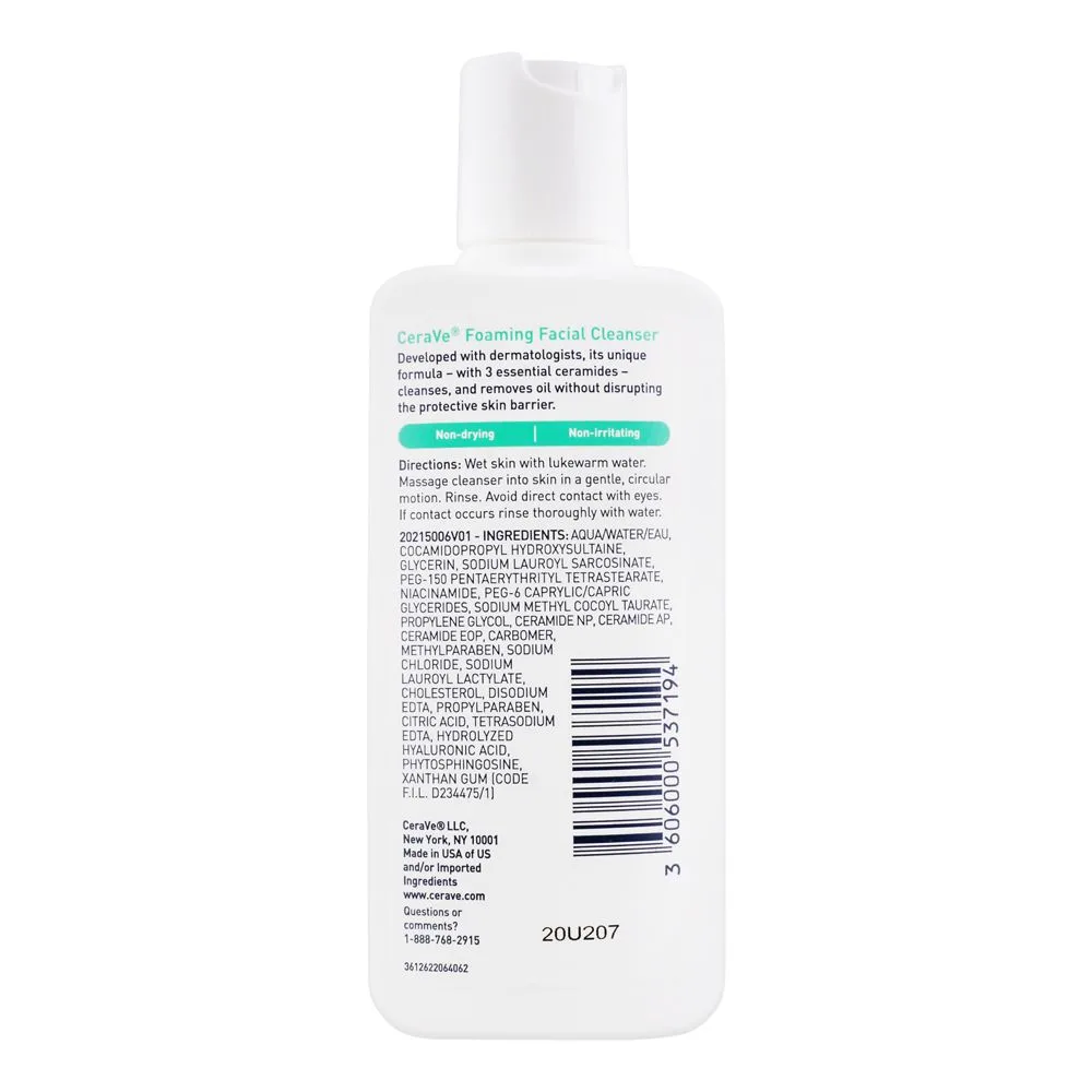 Side view of cerave foaming facial cleanser, normal to oily skin, 87ml