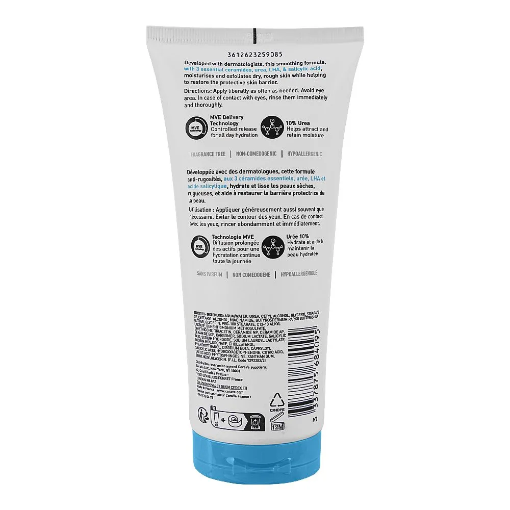 Side view of cerave fragrance free sa smoothing cream dry, rough bumpy skin, 177ml